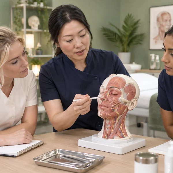 Instructor and two students studying a facial anatomy model