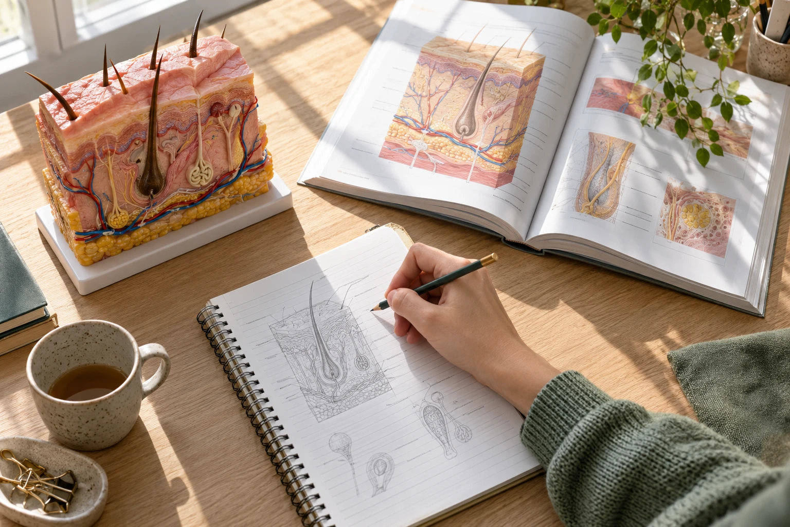 Skin anatomy model and student study notes