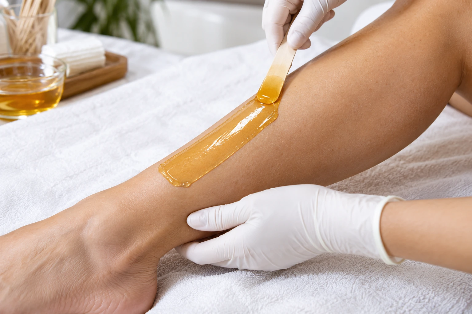 Professional application of wax to a lower leg