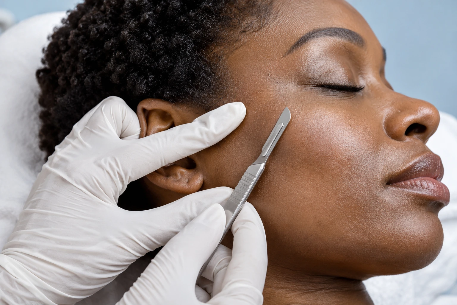Dermaplaning technique on a client’s cheek