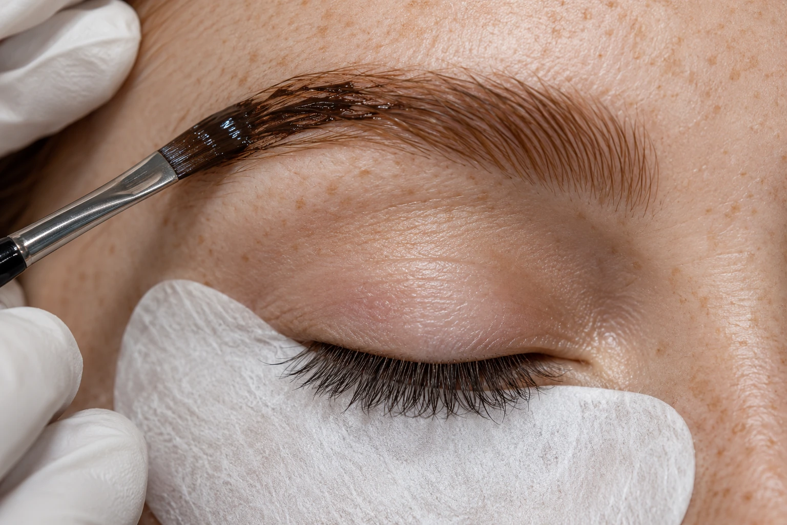 Close-up eyelash tint application