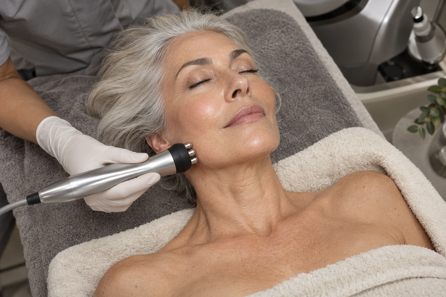 Radio frequency treatment along a mature client’s jaw
