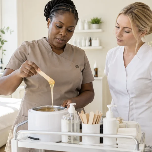 Instructor demonstrating waxing equipment to a student
