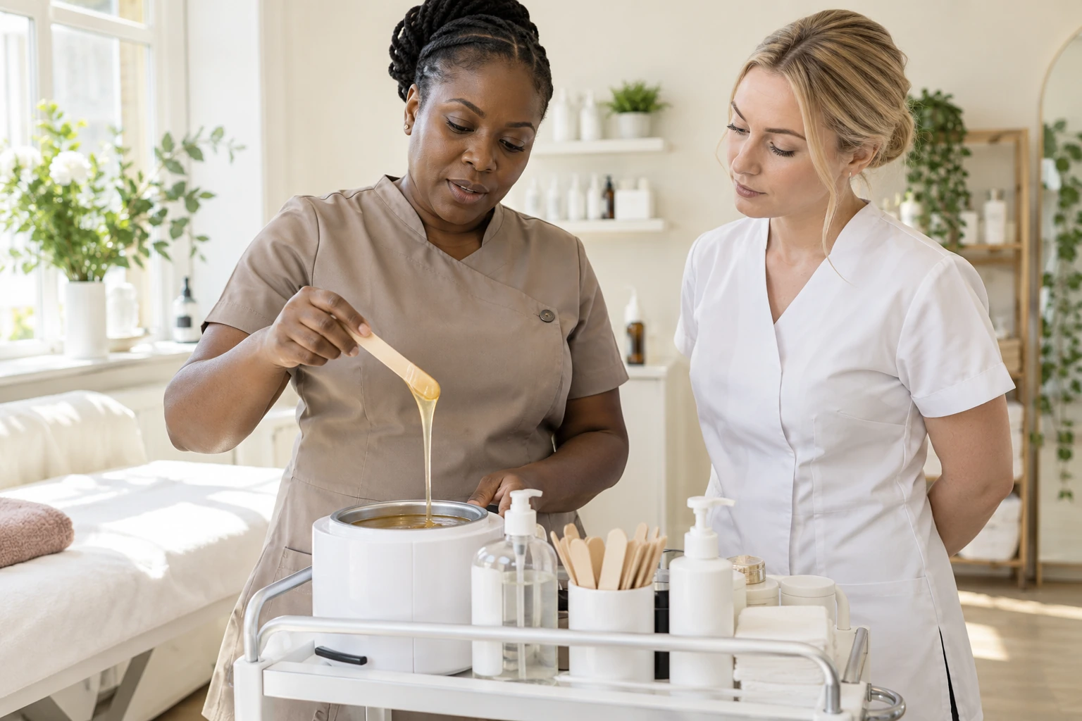 Instructor demonstrating waxing equipment to a student