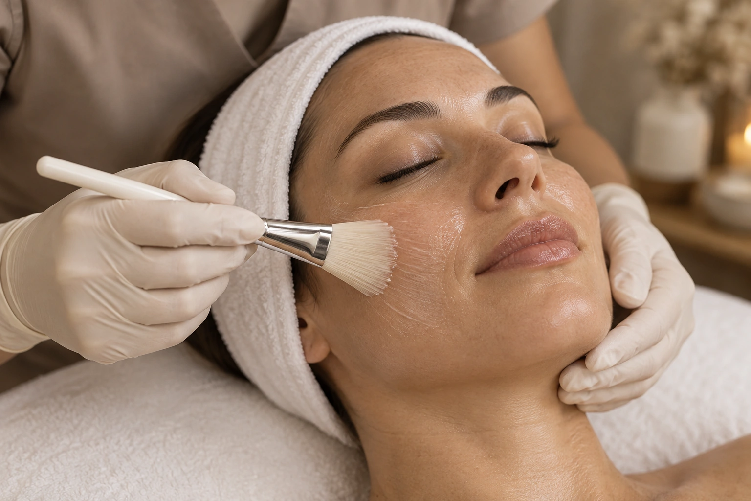 Professional facial treatment with a soft skincare brush