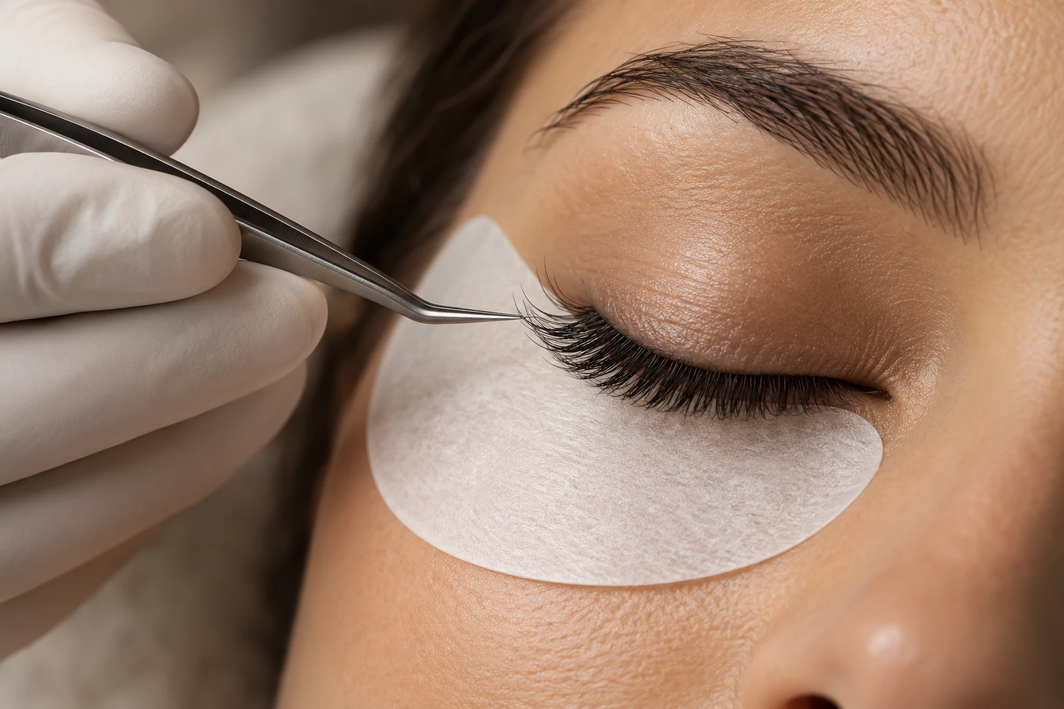 Close-up of professional lash artistry with precision tweezers