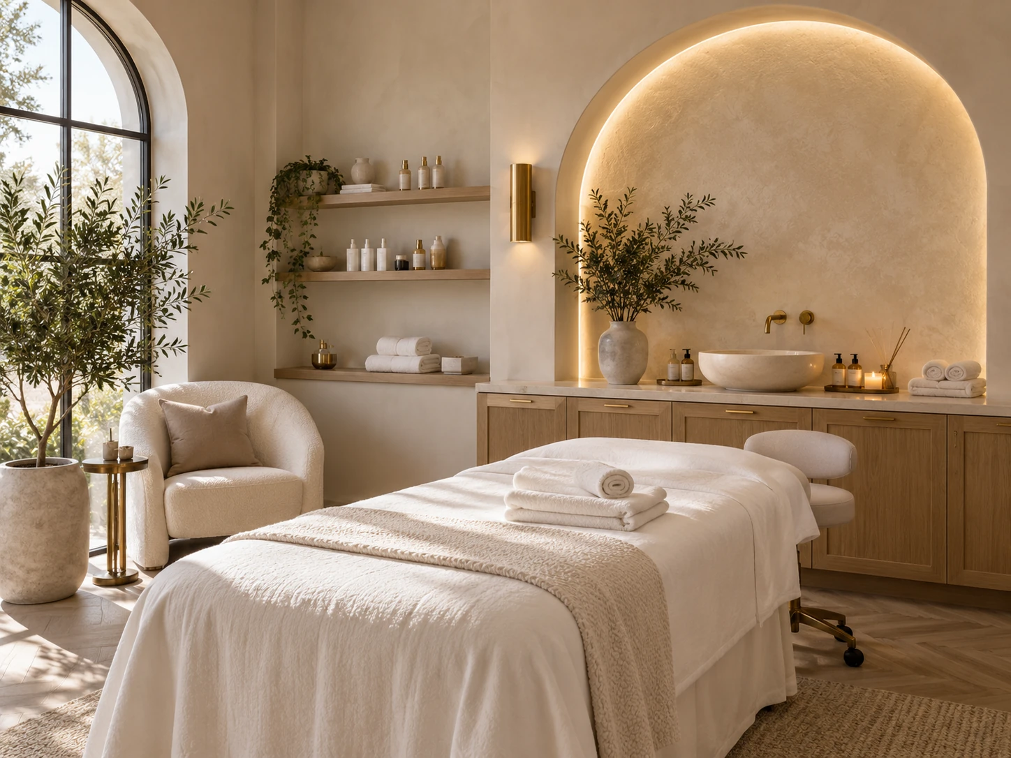 Illustrative cream and taupe beauty studio interior with treatment bed